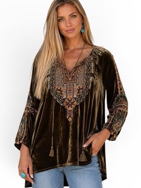 Johnny Was “Naomi Tiger eye” heavily embroidered velvet tunic NWT